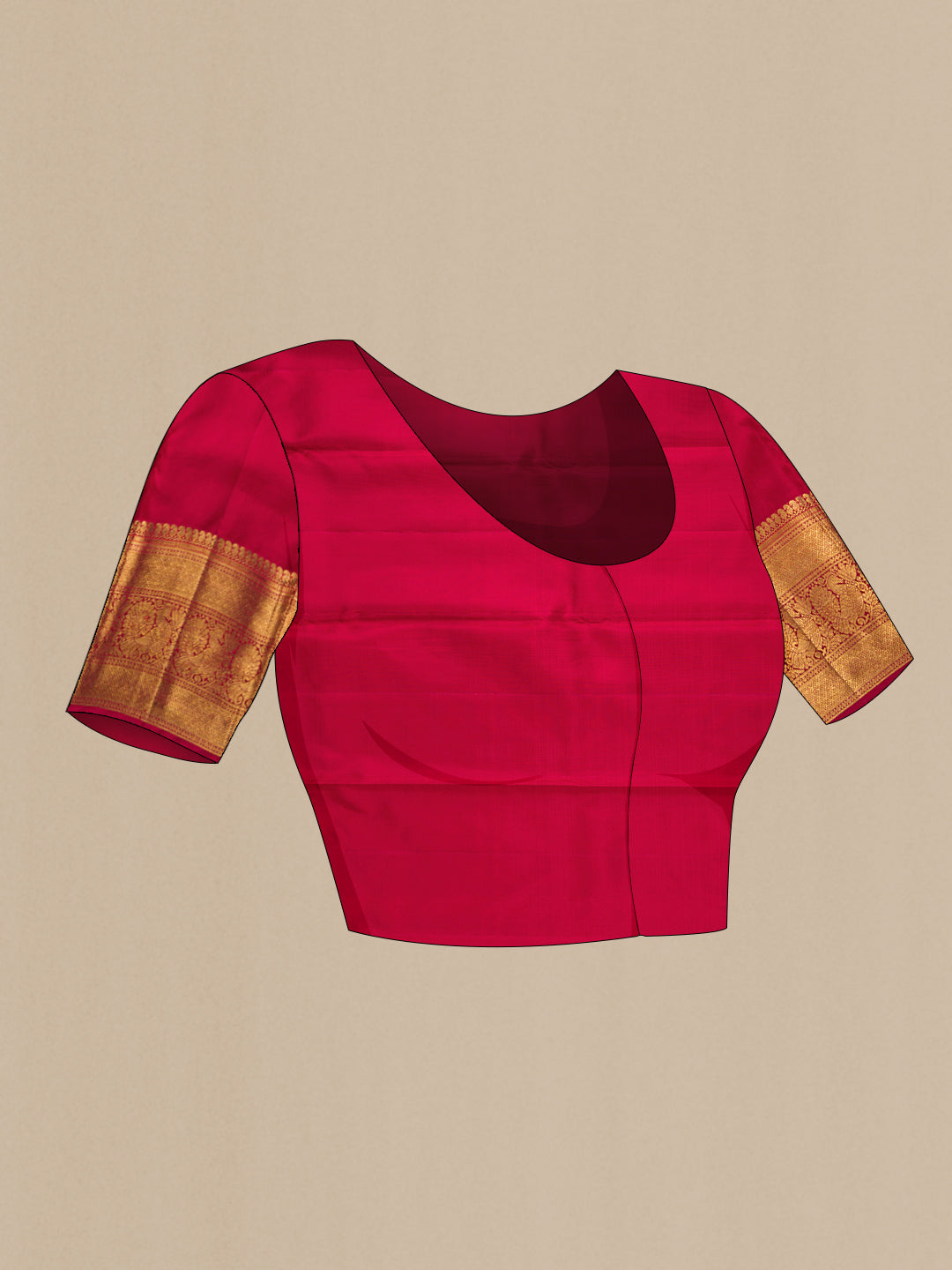 Close up image of the blouse of Red Dual Tone Kanchipuram Silk Saree with Zari Brocade on the body and Zari Border. 