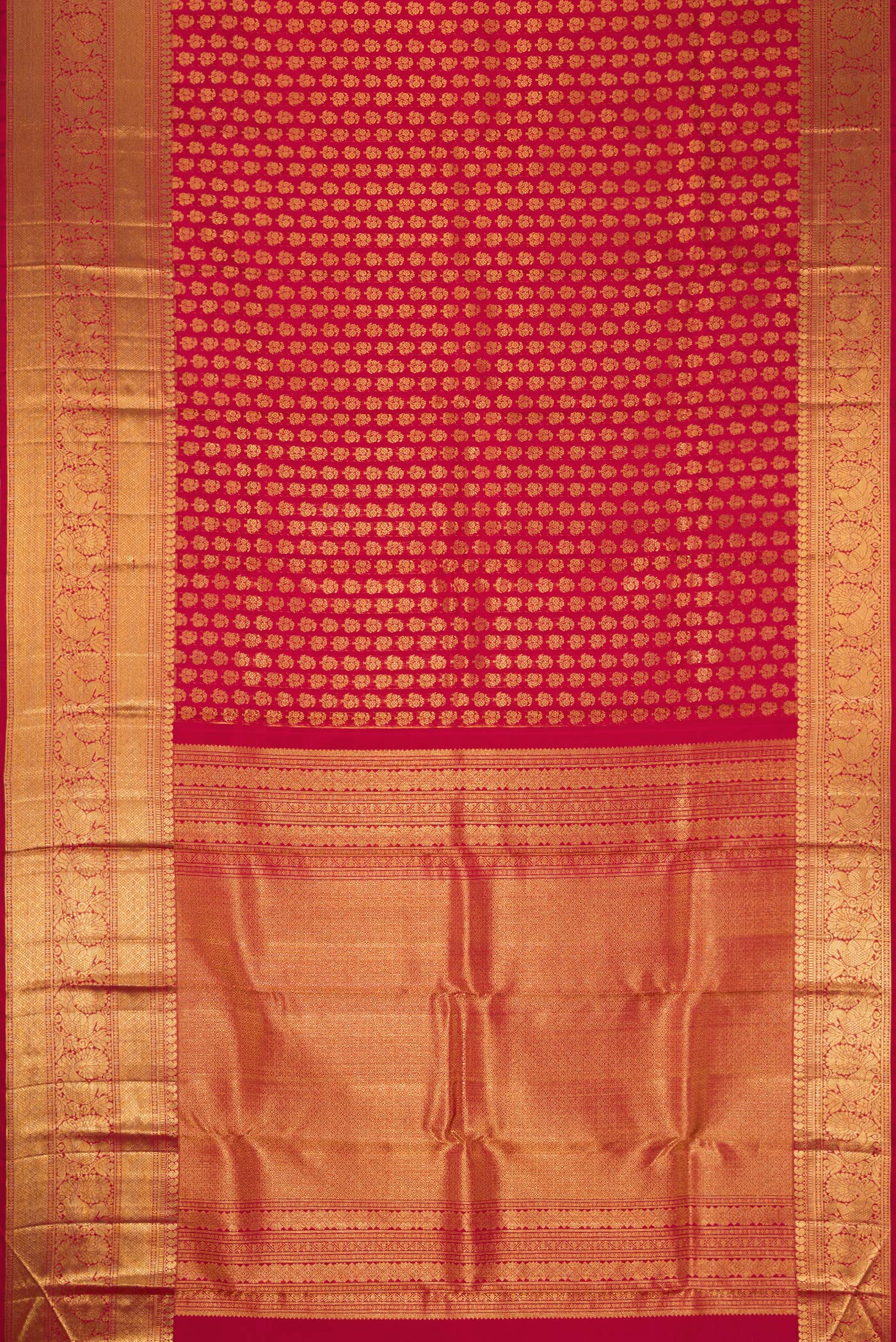 Flat view of Red Dual Tone Kanchipuram Silk Saree with Zari Brocade on the body and Zari Border. 