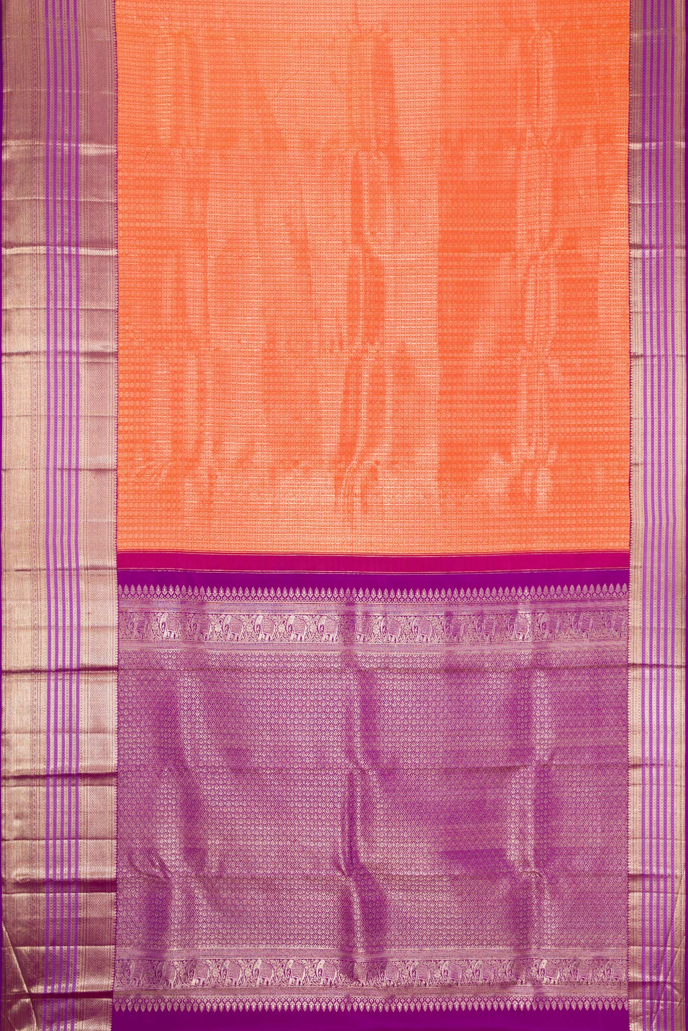 Flat view of Brick Orange Dual Tone Kanchipuram Silk Saree with Zari Brocade on the body and Zari Border. 