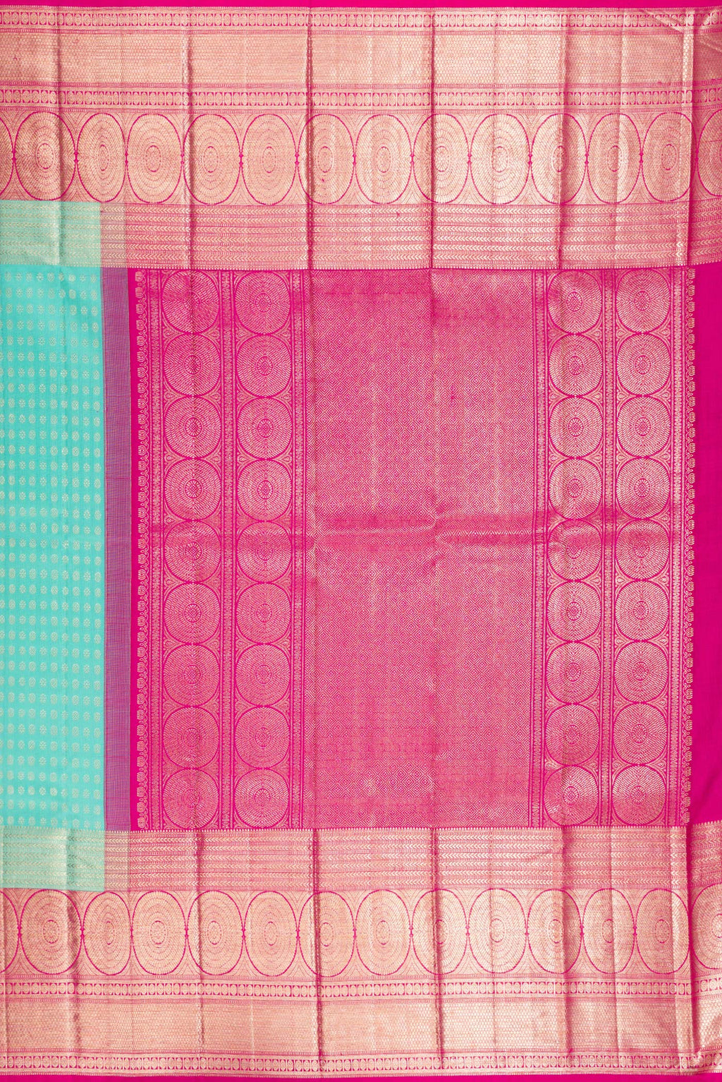 Close up image of the pallu of Pure Silk Sea Green Dual Tone Kanchipuram Saree with Zari Brocade on the body and Fancy Border. 