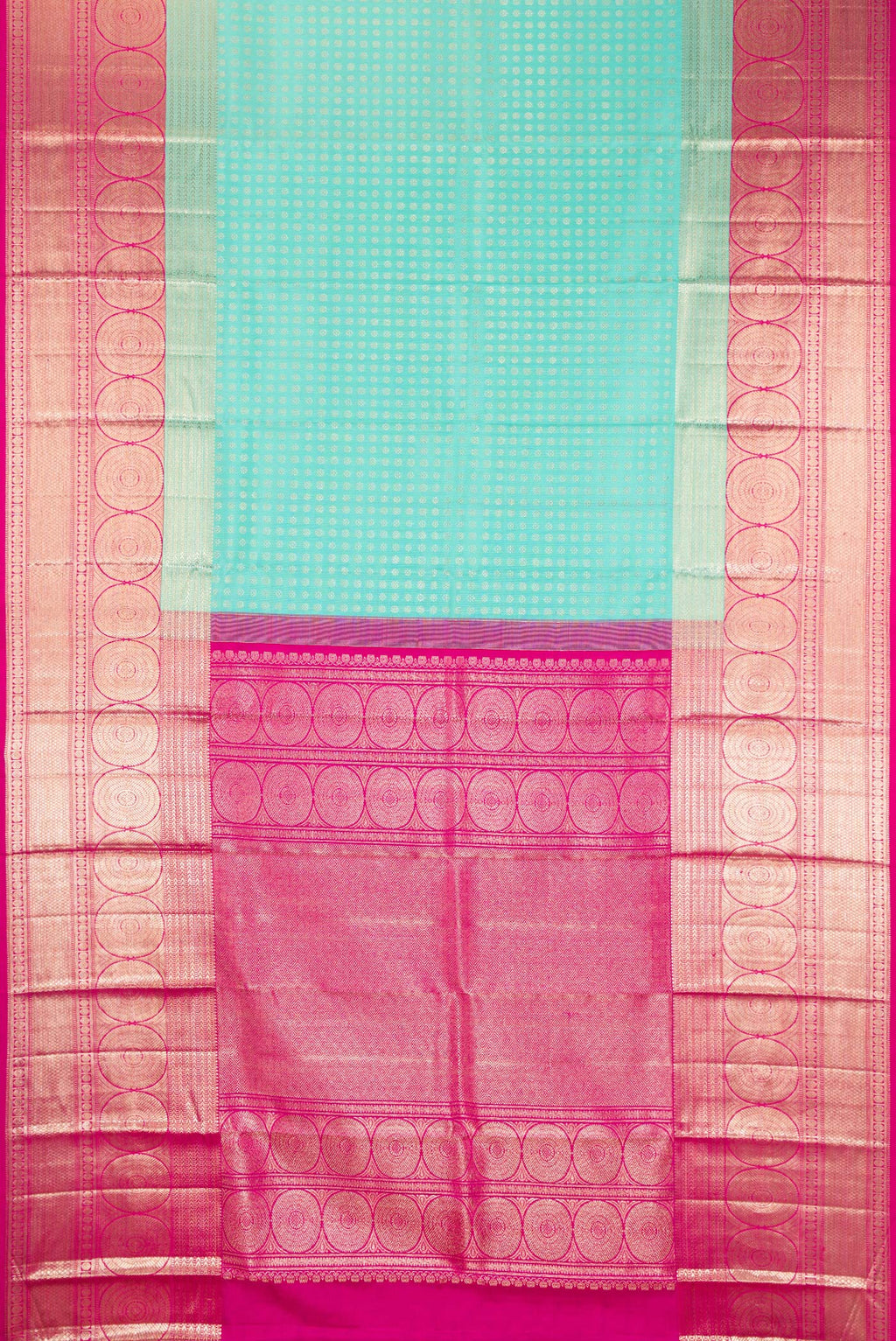 Flat view of Pure Silk Sea Green Dual Tone Kanchipuram Saree with Zari Brocade on the body and Fancy Border. 