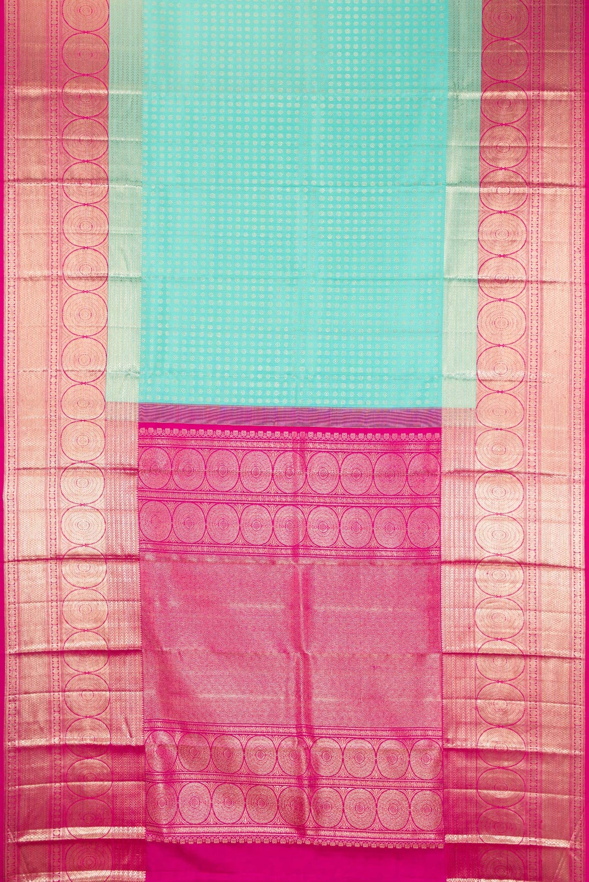 Flat view of Pure Silk Sea Green Dual Tone Kanchipuram Saree with Zari Brocade on the body and Fancy Border. 