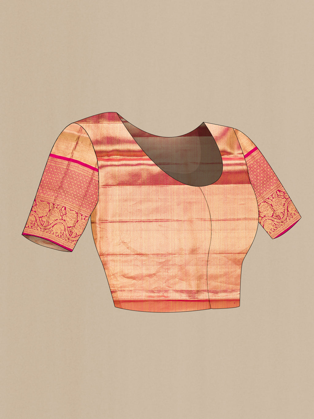 Close up image of the blouse of Rose Gold Dual Tone Kanjivaram Tissue Silk Saree with Zari Brocade on the body and Zari Border. 