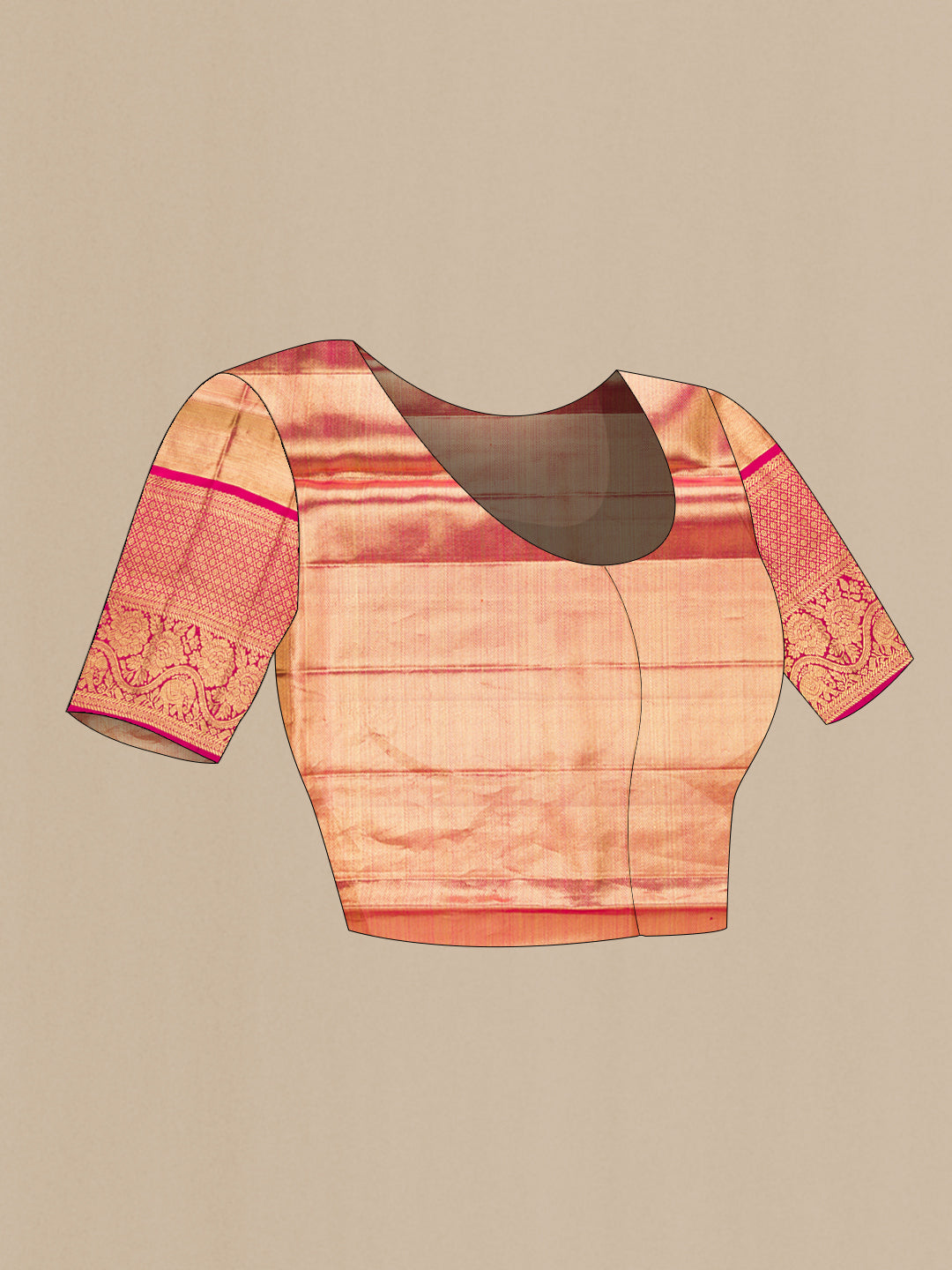 Close up image of the blouse of Rose Gold Dual Tone Kanjivaram Tissue Silk Saree with Zari Brocade on the body and Zari Border. 