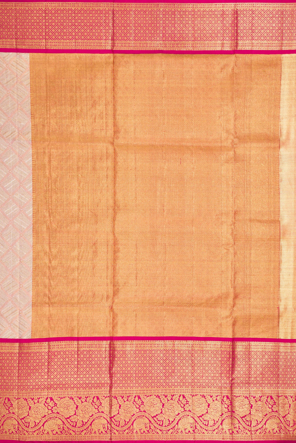 Close up image of the pallu of Rose Gold Dual Tone Kanjivaram Tissue Silk Saree with Zari Brocade on the body and Zari Border. 