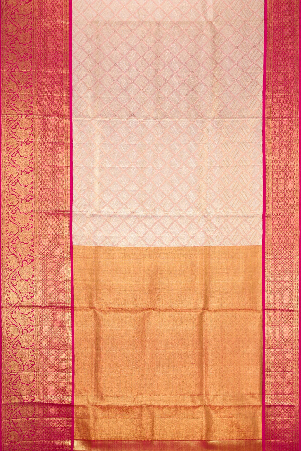 Flat view of Rose Gold Dual Tone Kanjivaram Tissue Silk Saree with Zari Brocade on the body and Zari Border. 