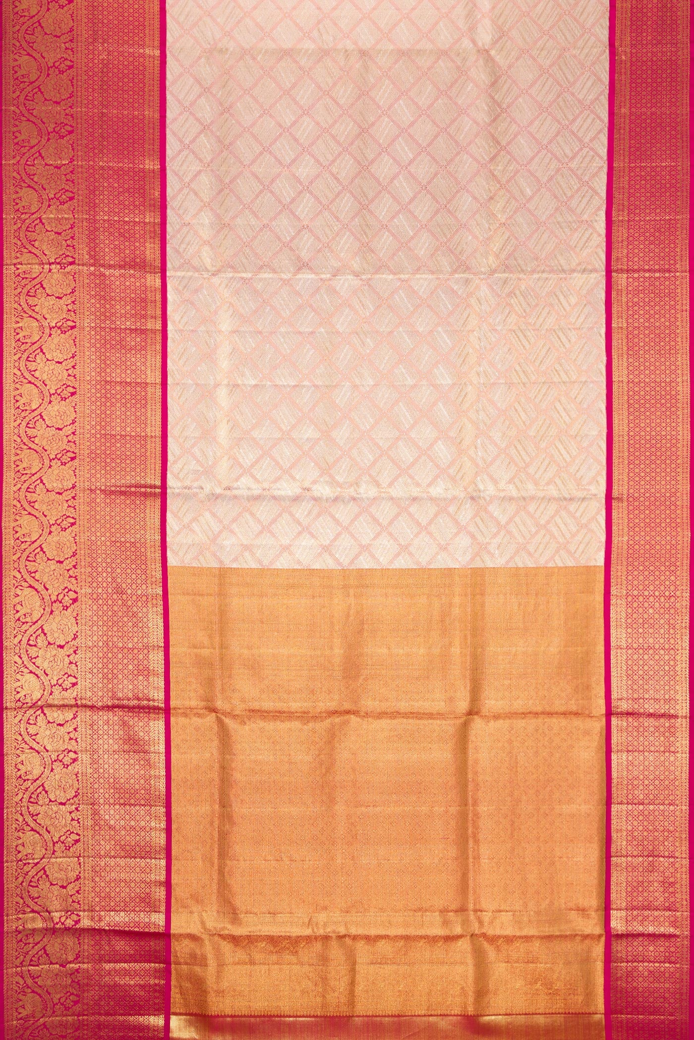 Flat view of Rose Gold Dual Tone Kanjivaram Tissue Silk Saree with Zari Brocade on the body and Zari Border. 