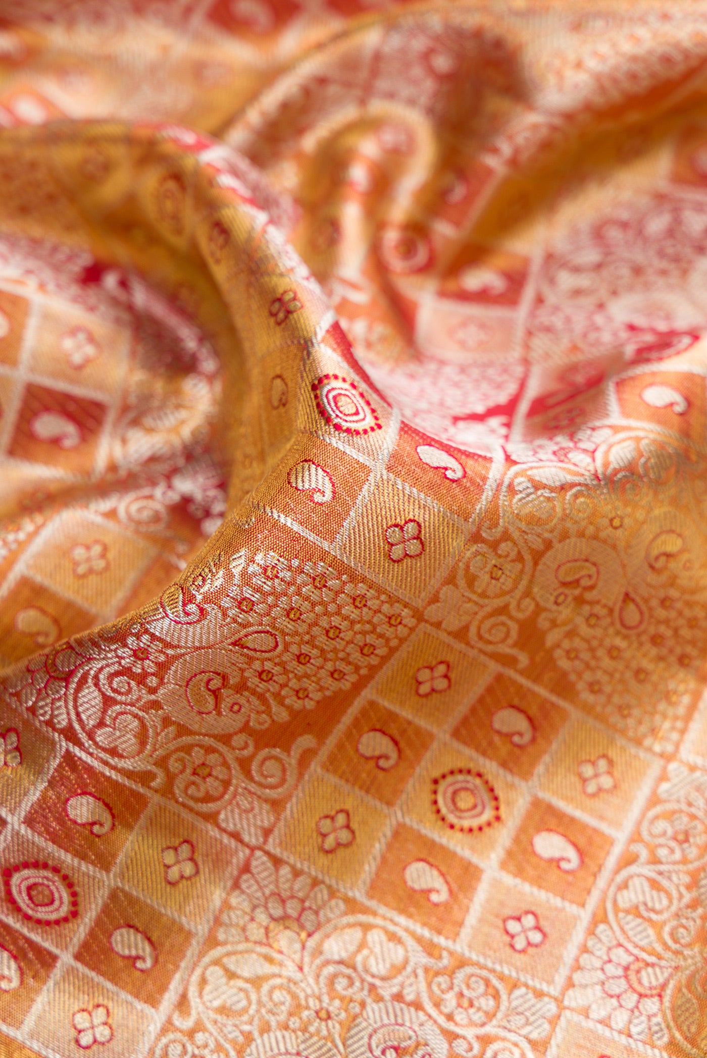 Close up of Gold Dual Tone Kanjivaram Tissue Silk Saree with Zari Brocade on the body and Zari Border.  displaying folds