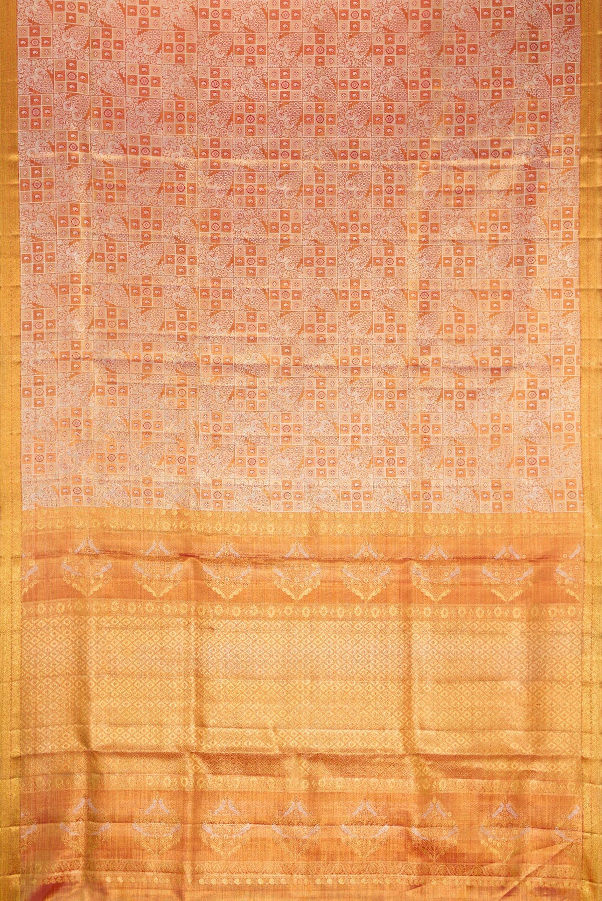 Flat view of Gold Dual Tone Kanjivaram Tissue Silk Saree with Zari Brocade on the body and Zari Border. 
