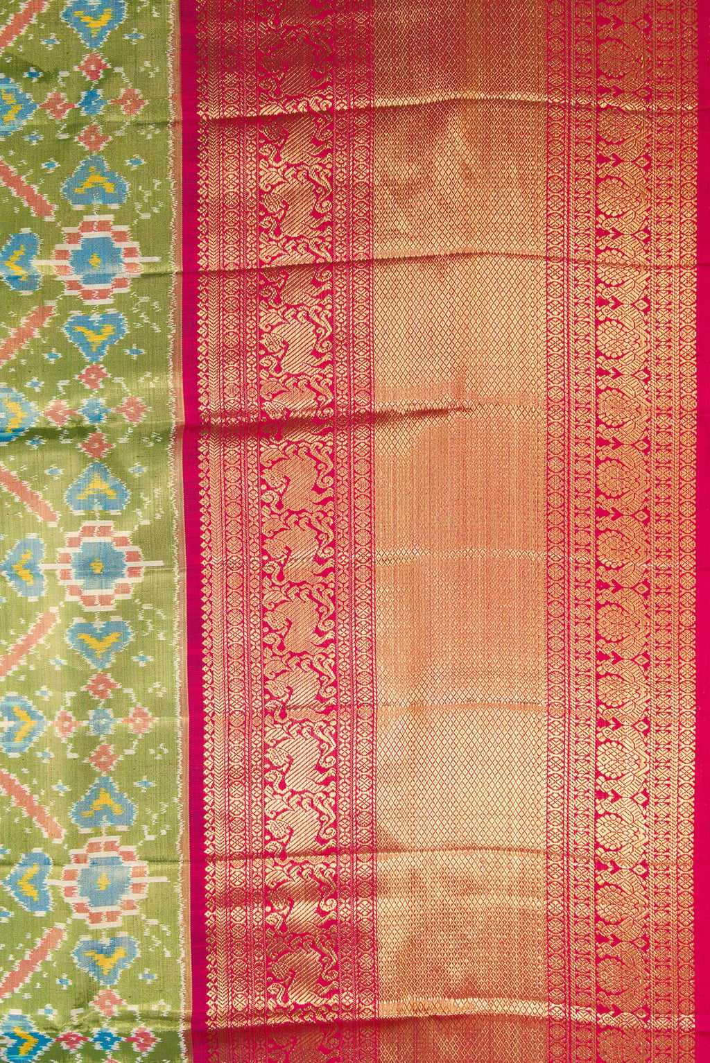 Border image of Pure Silk Pure Zari Mehandi Green Dual Tone Kanjivaram Tissue Saree with Ikat Print on the body and Zari Border. 