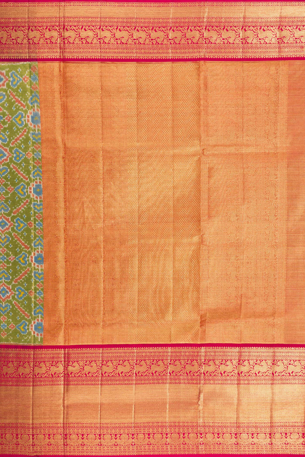 Close up image of the pallu of Pure Silk Pure Zari Mehandi Green Dual Tone Kanjivaram Tissue Saree with Ikat Print on the body and Zari Border. 
