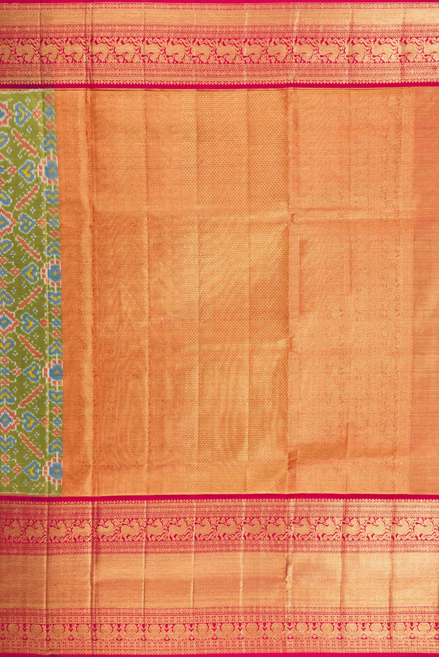 Close up image of the pallu of Pure Silk Pure Zari Mehandi Green Dual Tone Kanjivaram Tissue Saree with Ikat Print on the body and Zari Border. 