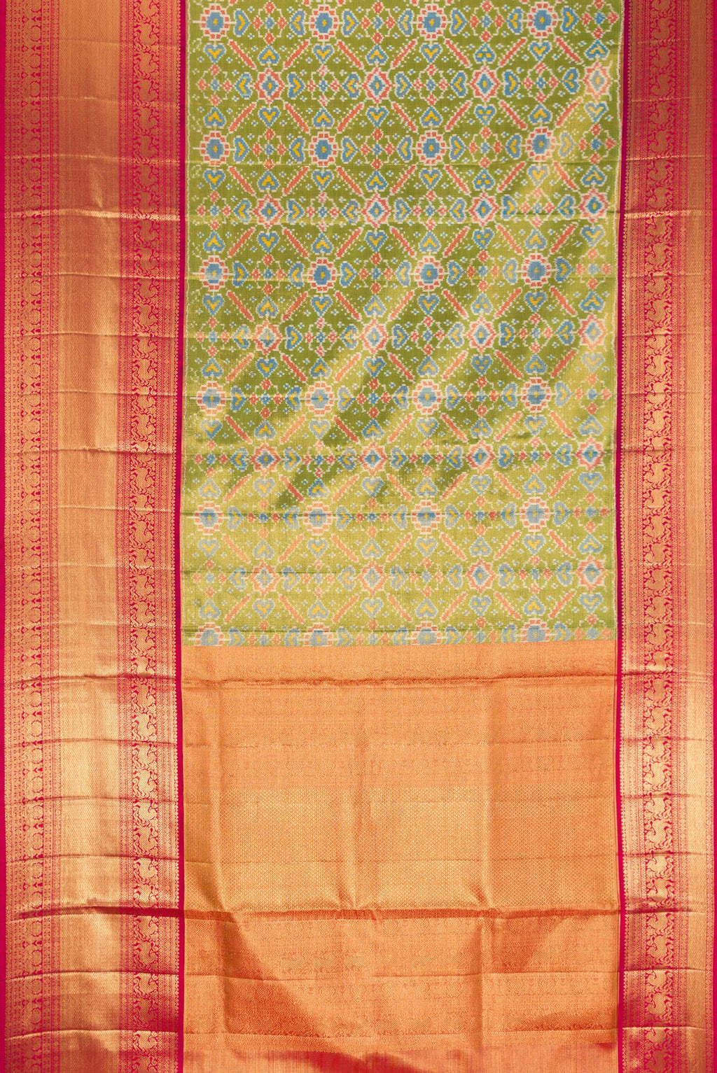 Flat view of Pure Silk Pure Zari Mehandi Green Dual Tone Kanjivaram Tissue Saree with Ikat Print on the body and Zari Border. 