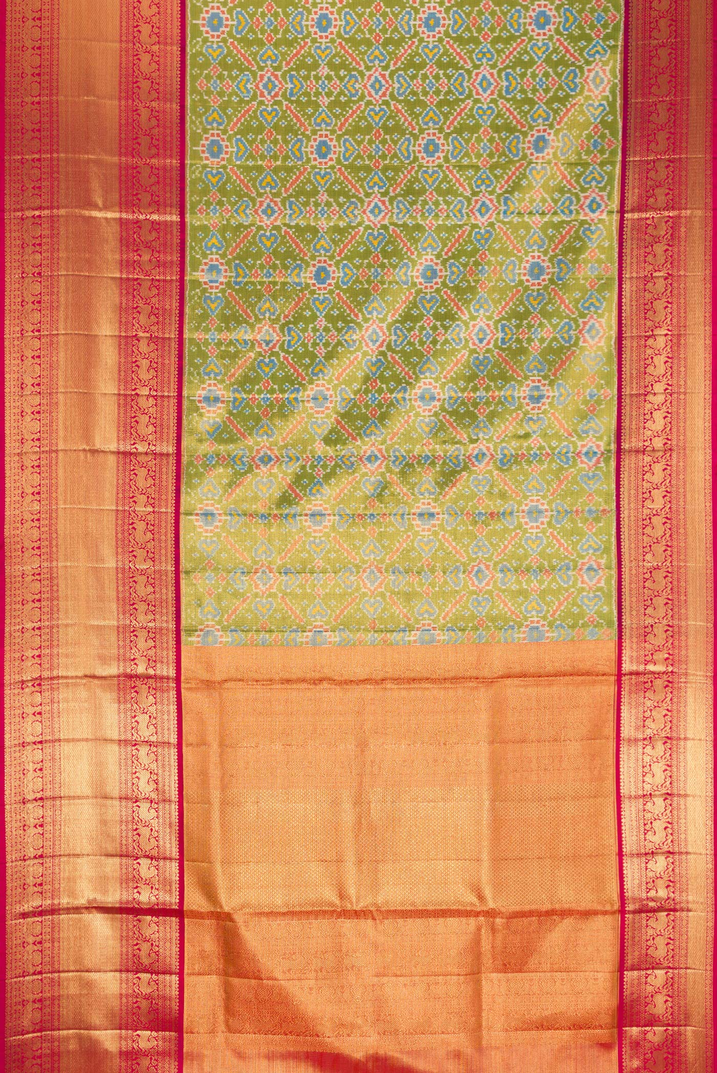 Flat view of Pure Silk Pure Zari Mehandi Green Dual Tone Kanjivaram Tissue Saree with Ikat Print on the body and Zari Border. 