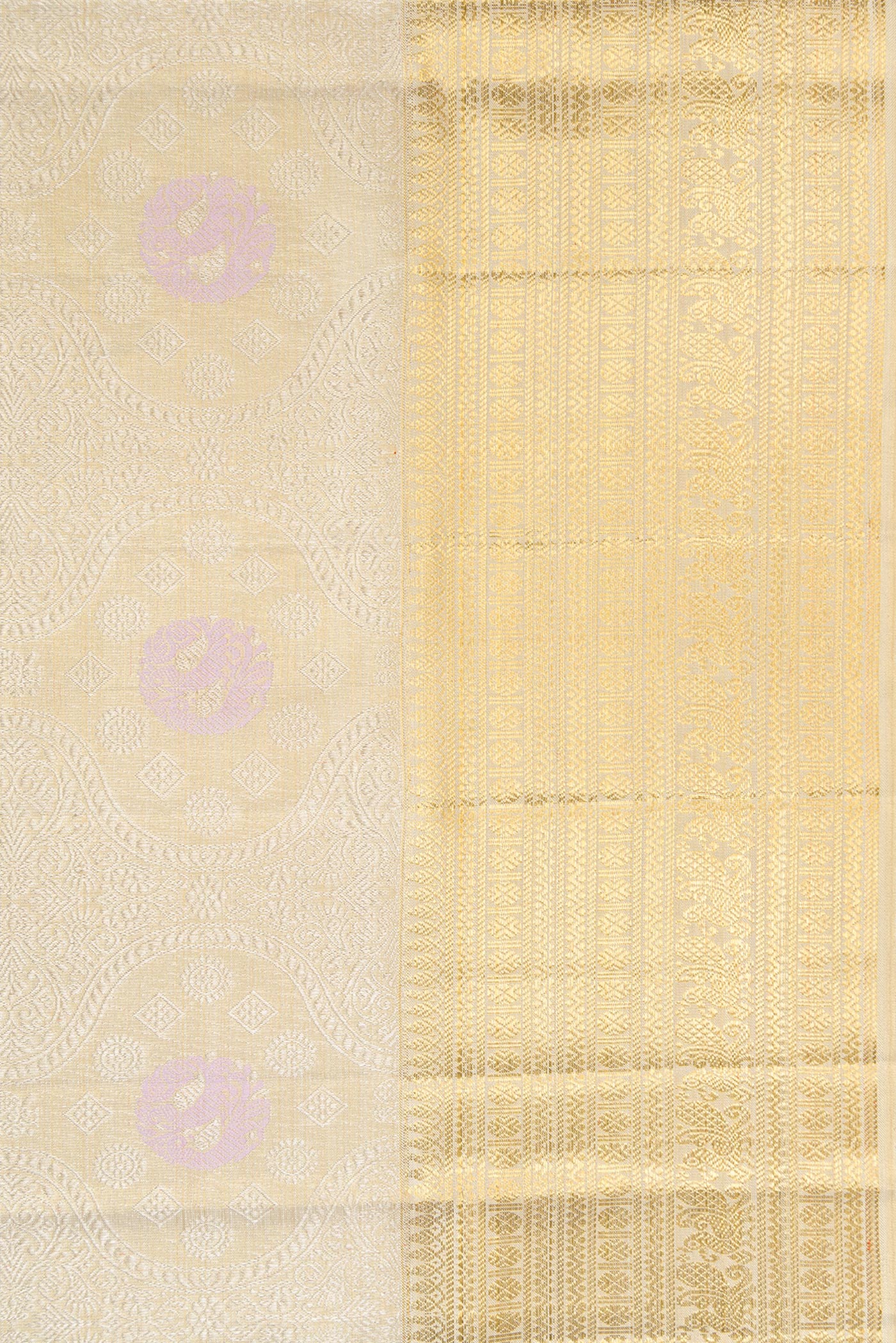 Border image of Beige Dual Tone Kanjivaram Tissue Silk Saree with Zari Brocade on the body and Zari Border. 