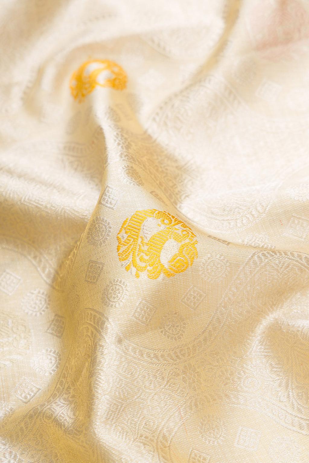Close up of Beige Dual Tone Kanjivaram Tissue Silk Saree with Zari Brocade on the body and Zari Border.  displaying folds