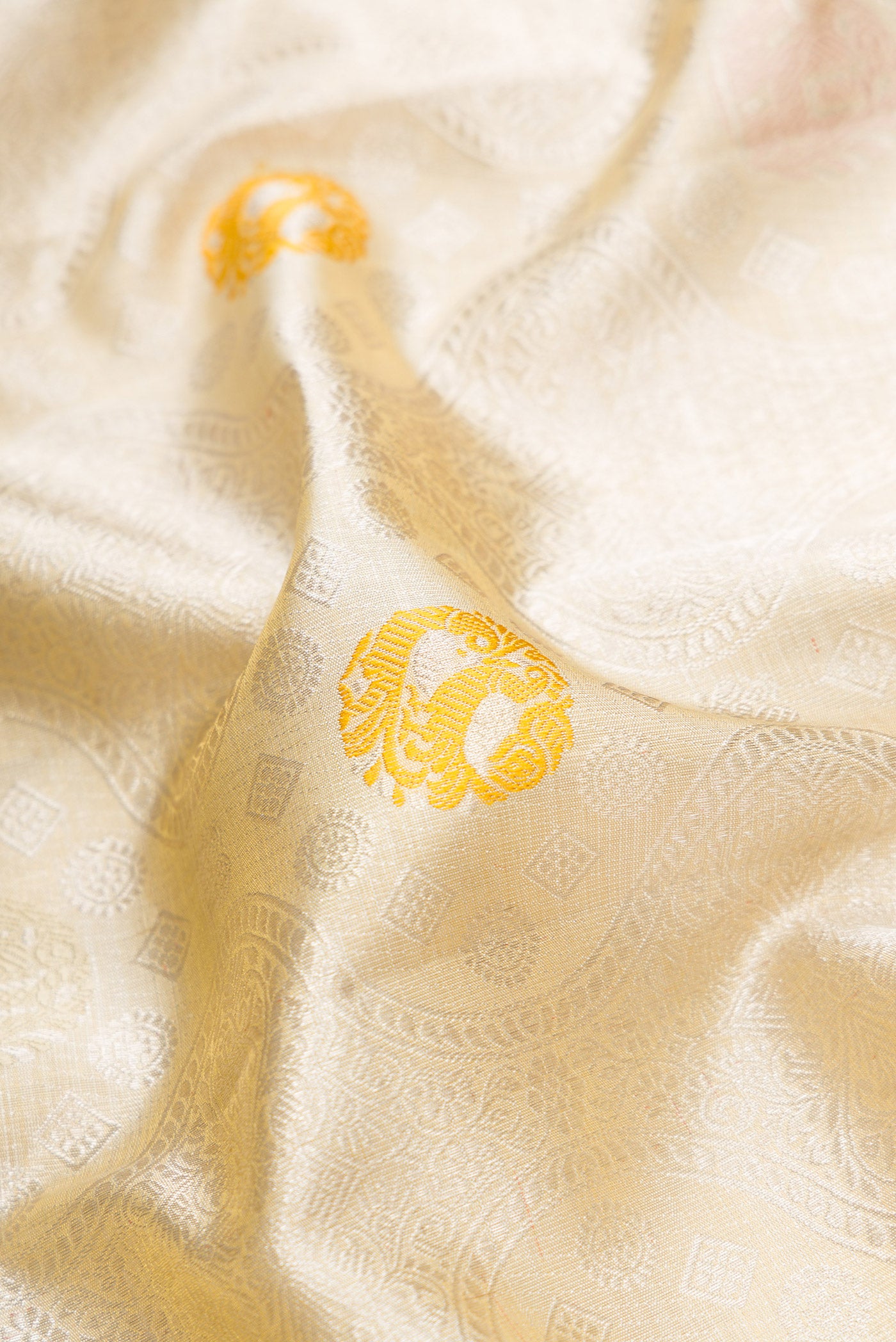 Close up of Beige Dual Tone Kanjivaram Tissue Silk Saree with Zari Brocade on the body and Zari Border.  displaying folds