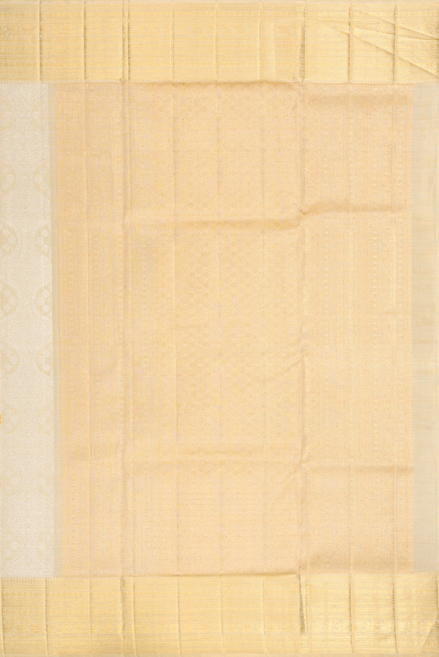 Close up image of the pallu of Beige Dual Tone Kanjivaram Tissue Silk Saree with Zari Brocade on the body and Zari Border. 