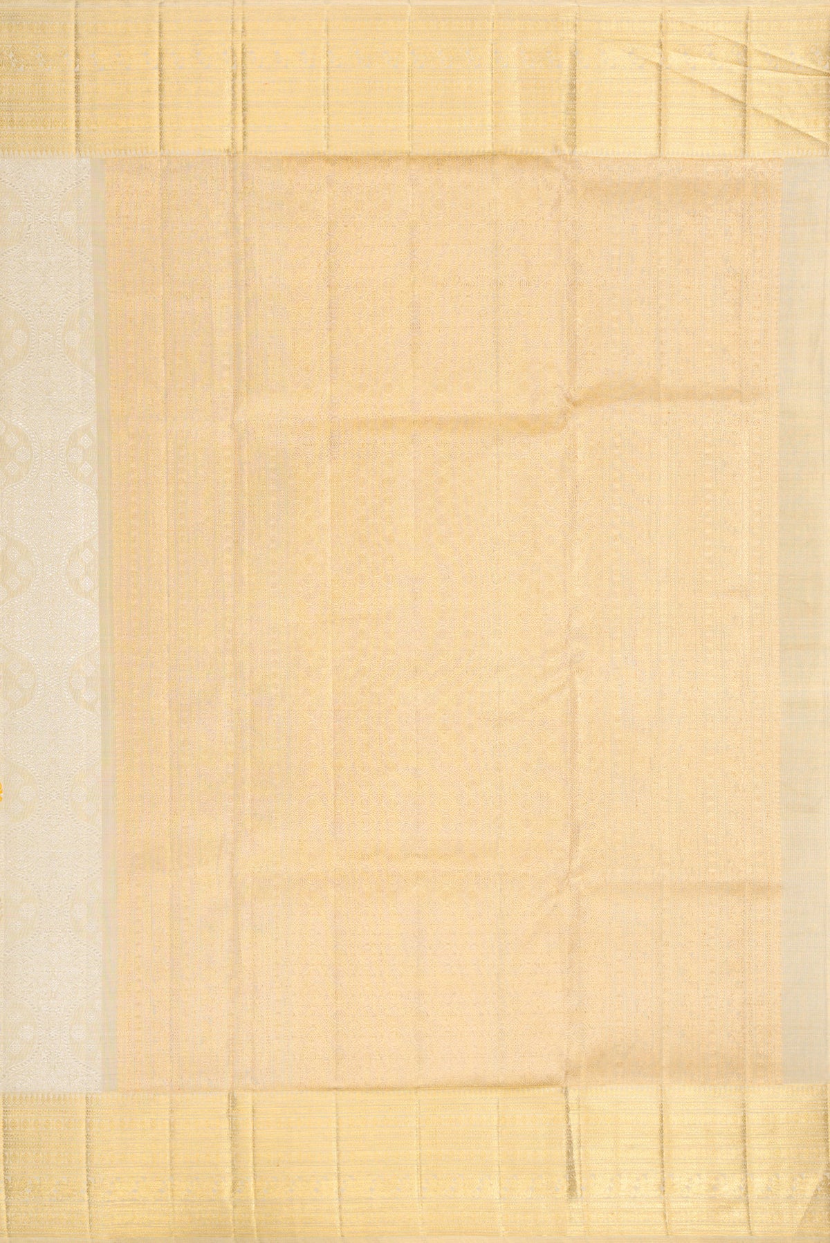 Close up image of the pallu of Beige Dual Tone Kanjivaram Tissue Silk Saree with Zari Brocade on the body and Zari Border. 