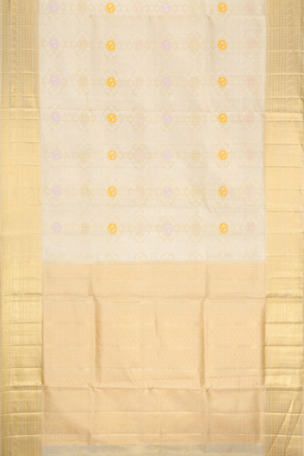 Flat view of Beige Dual Tone Kanjivaram Tissue Silk Saree with Zari Brocade on the body and Zari Border. 