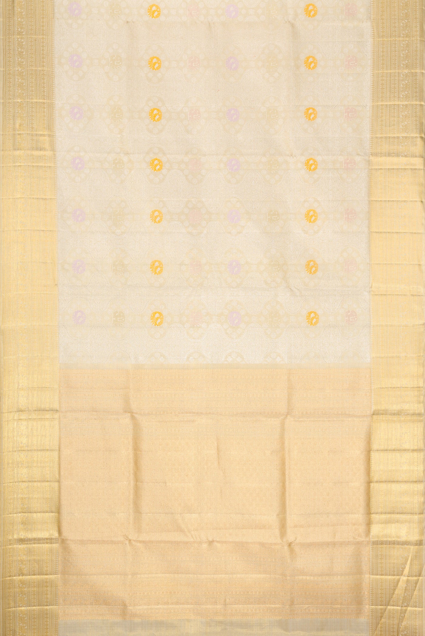 Flat view of Beige Dual Tone Kanjivaram Tissue Silk Saree with Zari Brocade on the body and Zari Border. 