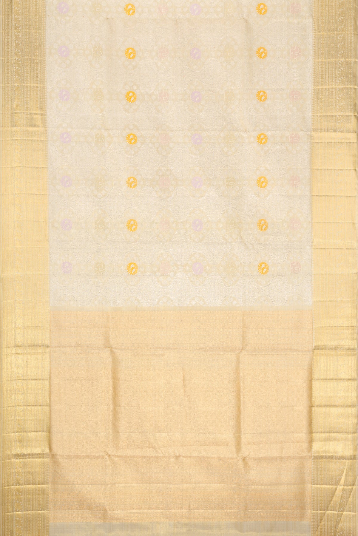Flat view of Beige Dual Tone Kanjivaram Tissue Silk Saree with Zari Brocade on the body and Zari Border. 