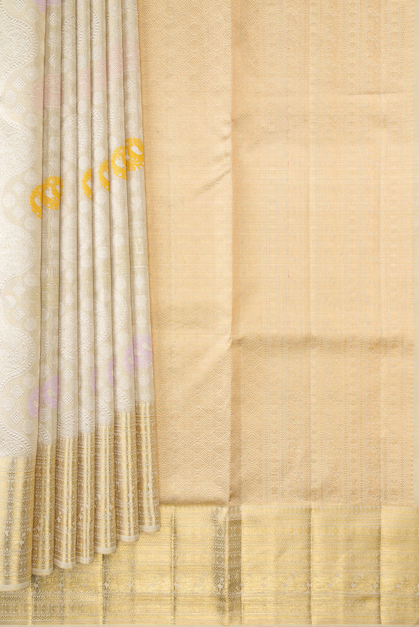 Pleats and pallu of Beige Dual Tone Kanjivaram Tissue Silk Saree with Zari Brocade on the body and Zari Border. 