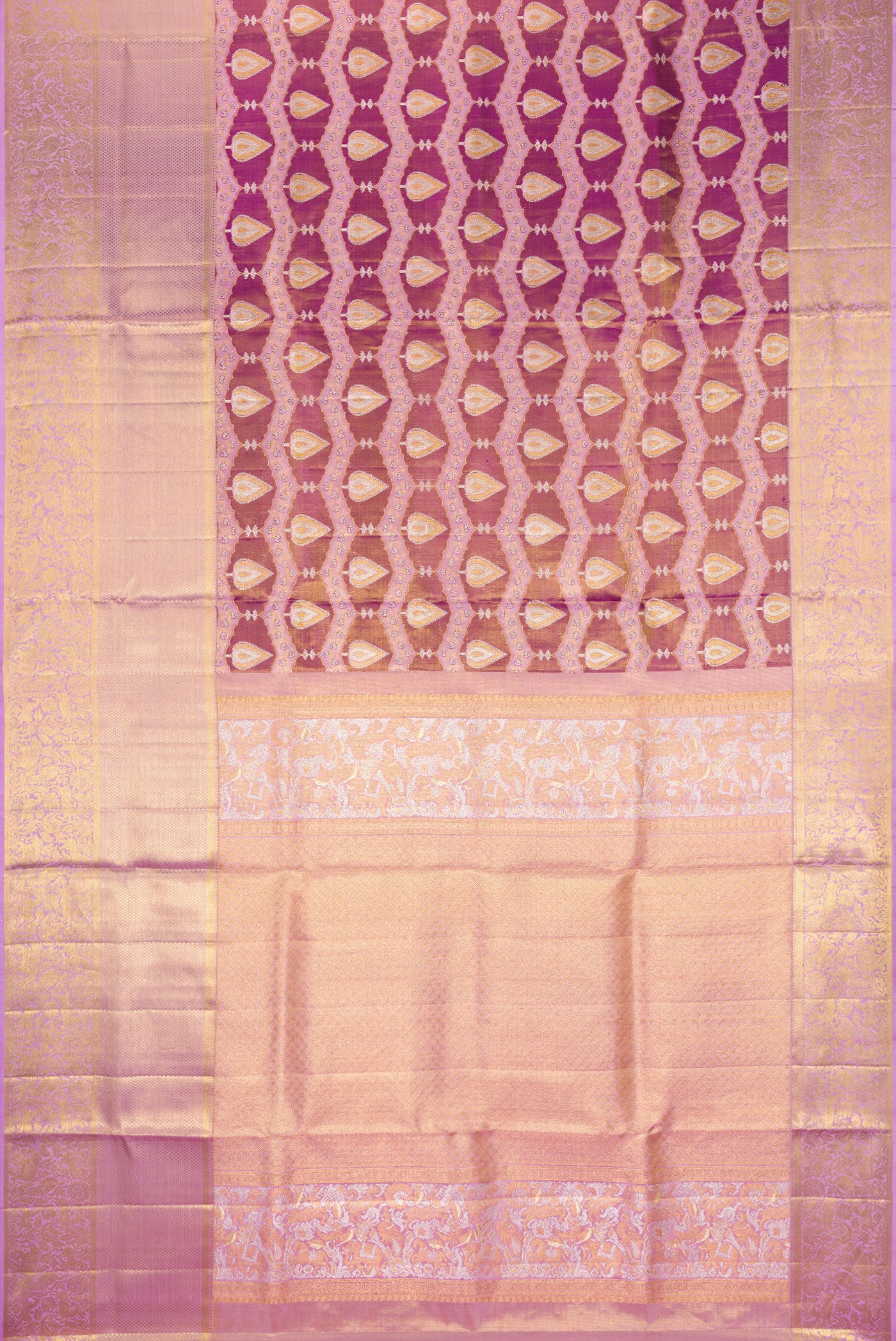 Flat view of Purple Dual Tone Kanjivaram Tissue Silk Saree with Zari Brocade on the body and Zari Border. 