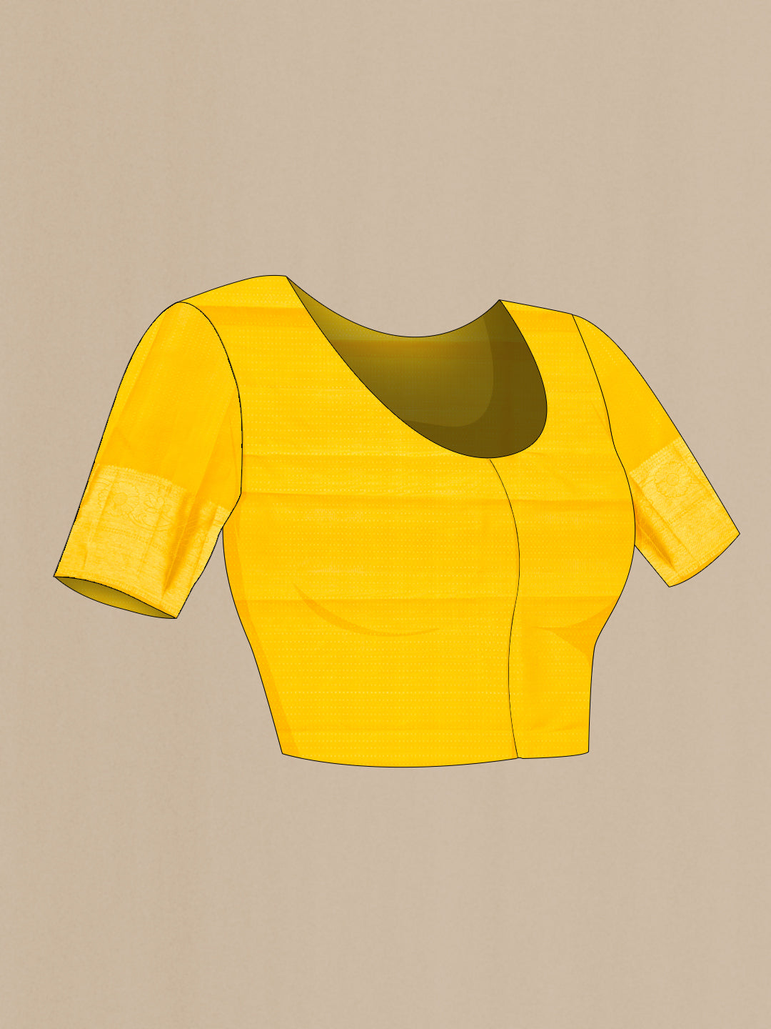 Close up image of the blouse of Yellow Dual Tone Kanchipuram Silk Saree with Zari Brocade on the body and Zari Border. 