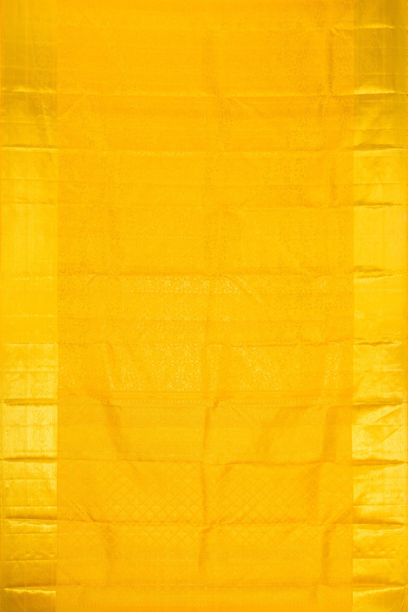 Flat view of Yellow Dual Tone Kanchipuram Silk Saree with Zari Brocade on the body and Zari Border. 