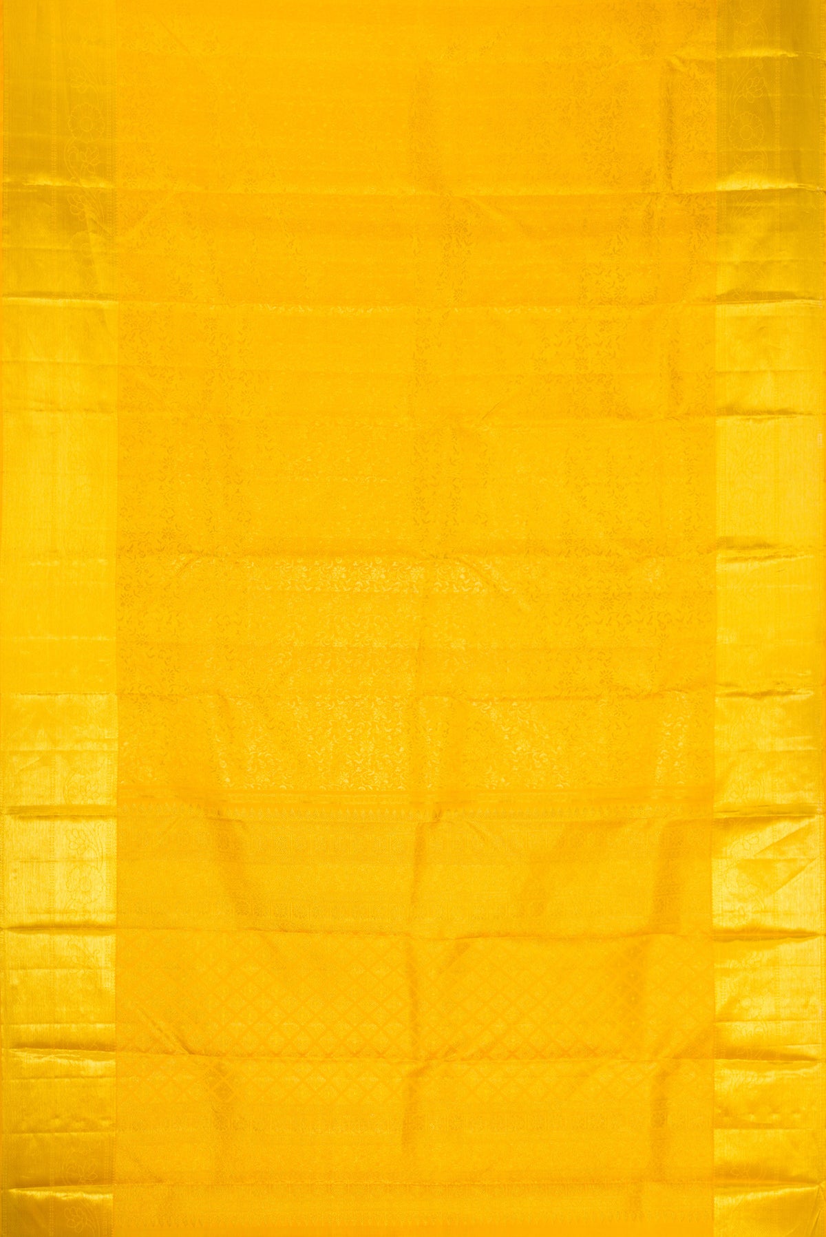 Flat view of Yellow Dual Tone Kanchipuram Silk Saree with Zari Brocade on the body and Zari Border. 