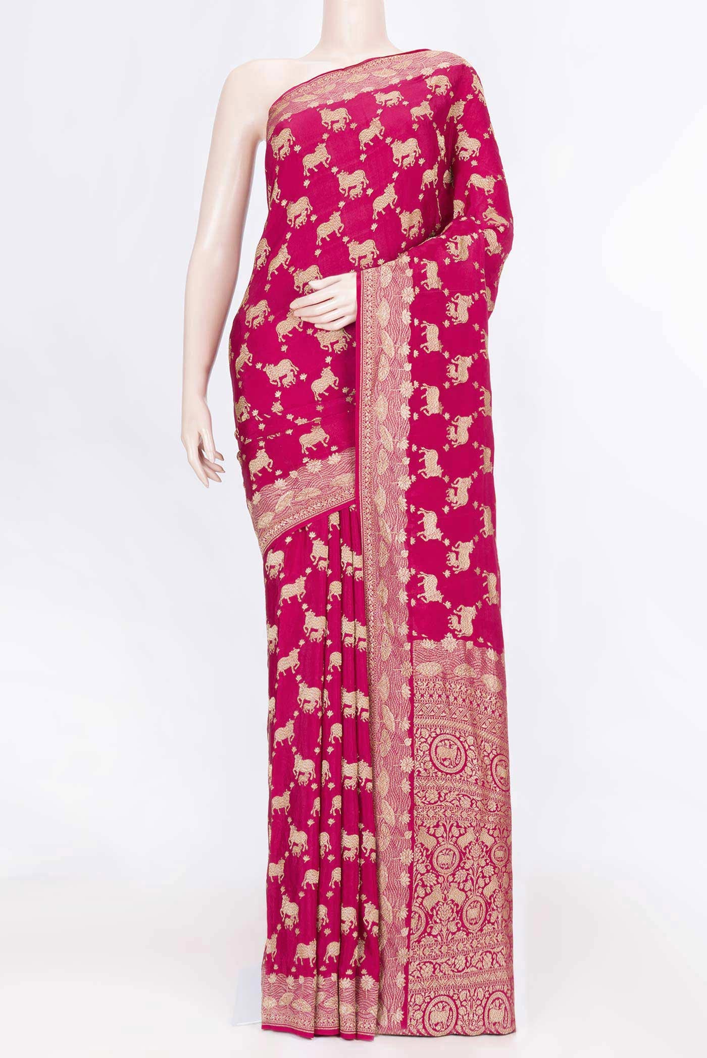 Pink Dual Tone Banarasi Georgette Saree with Zari Brocade on the body and Zari Border displayed on a mannequin