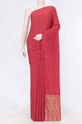 Red Dual Tone Georgette Saree with Zari Butta on the body and Thin Zari Line displayed on a mannequin