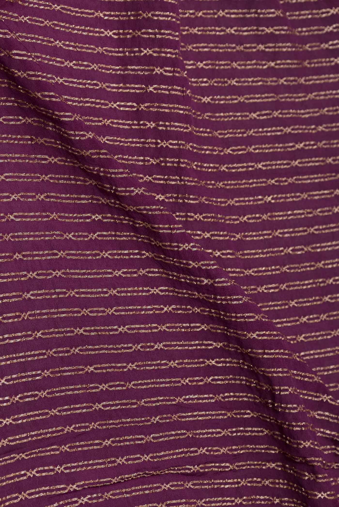Close up of Purple Mysore Crepe Saree with Stripes on the body and Thin Zari Line displaying folds