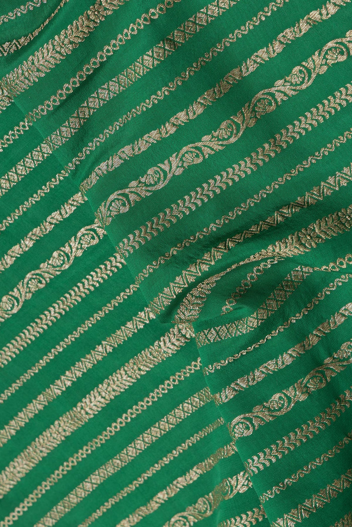 Close up of Green Dual Tone Banarasi Georgette Saree with Zari Brocade on the body and Zari Border.  displaying folds