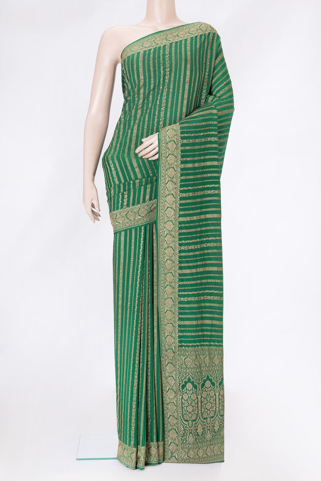 Green Dual Tone Banarasi Georgette Saree with Zari Brocade on the body and Zari Border.  displayed on a mannequin