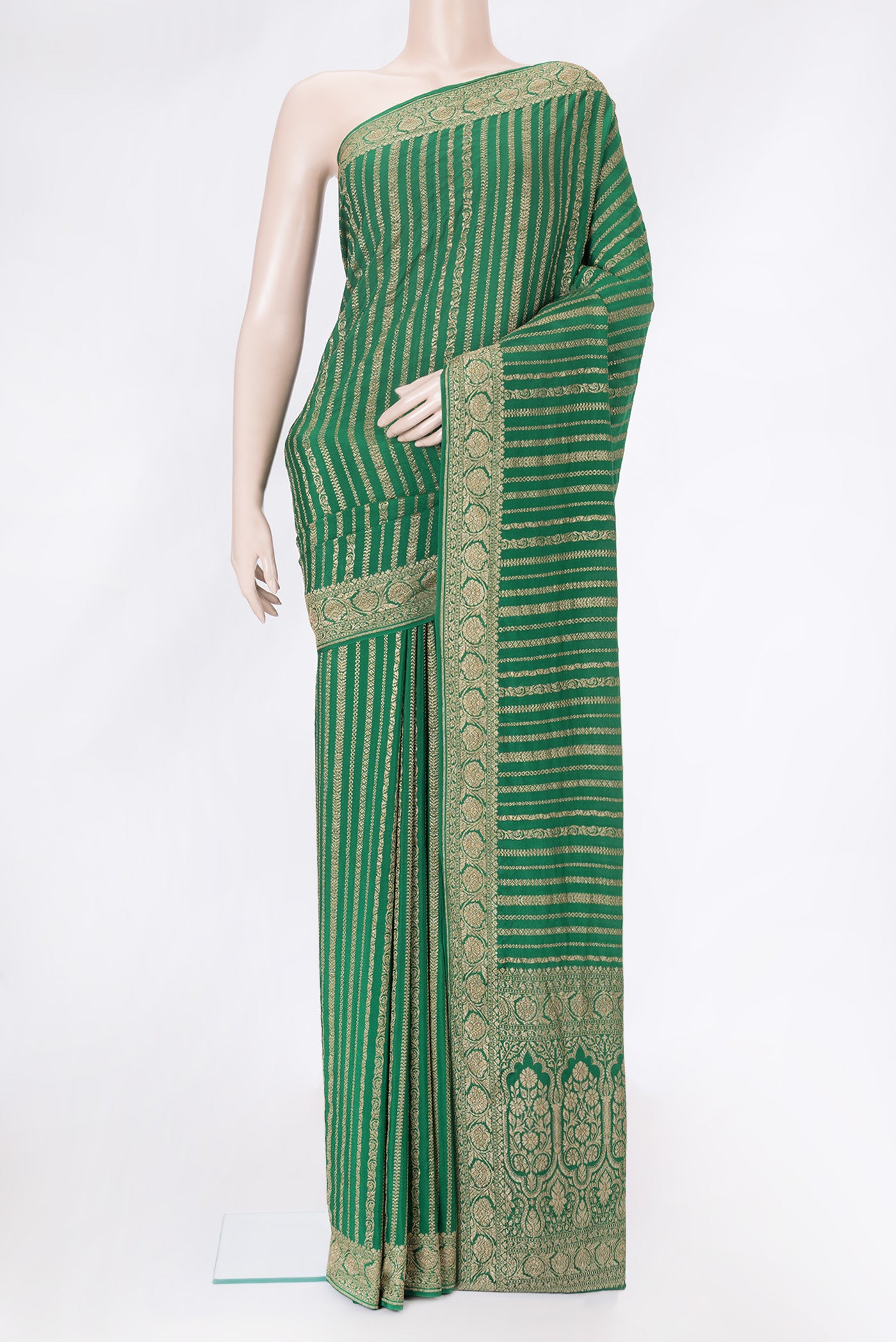 Green Dual Tone Banarasi Georgette Saree with Zari Brocade on the body and Zari Border.  displayed on a mannequin
