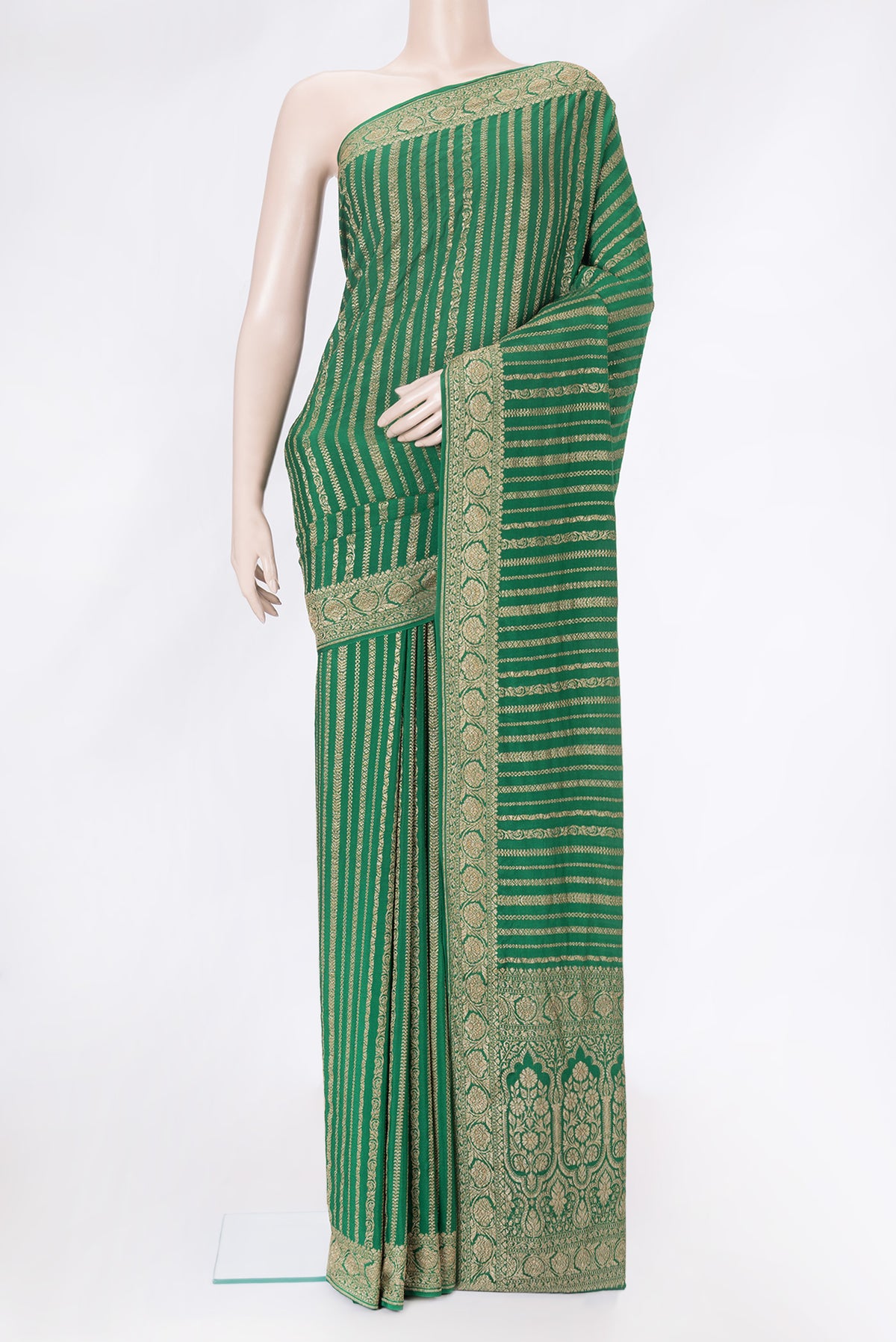 Green Dual Tone Banarasi Georgette Saree with Zari Brocade on the body and Zari Border.  displayed on a mannequin