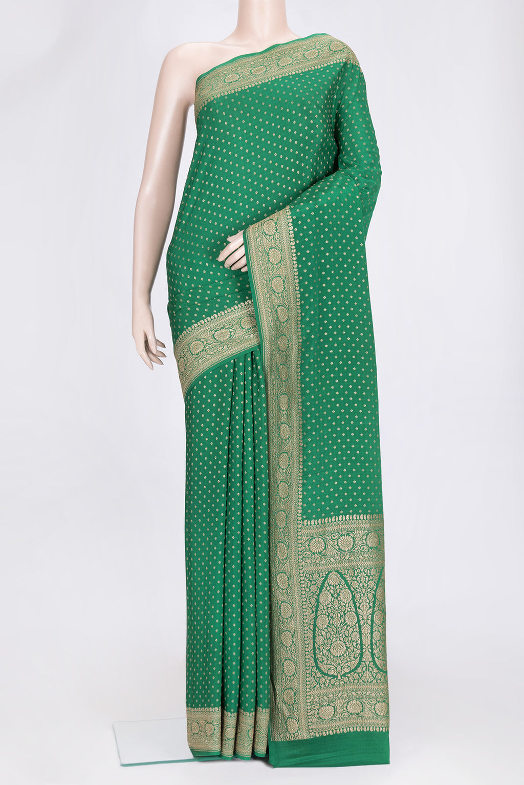 Green Dual Tone Banarasi Georgette Saree with Zari Butta on the body and Zari Border.  displayed on a mannequin