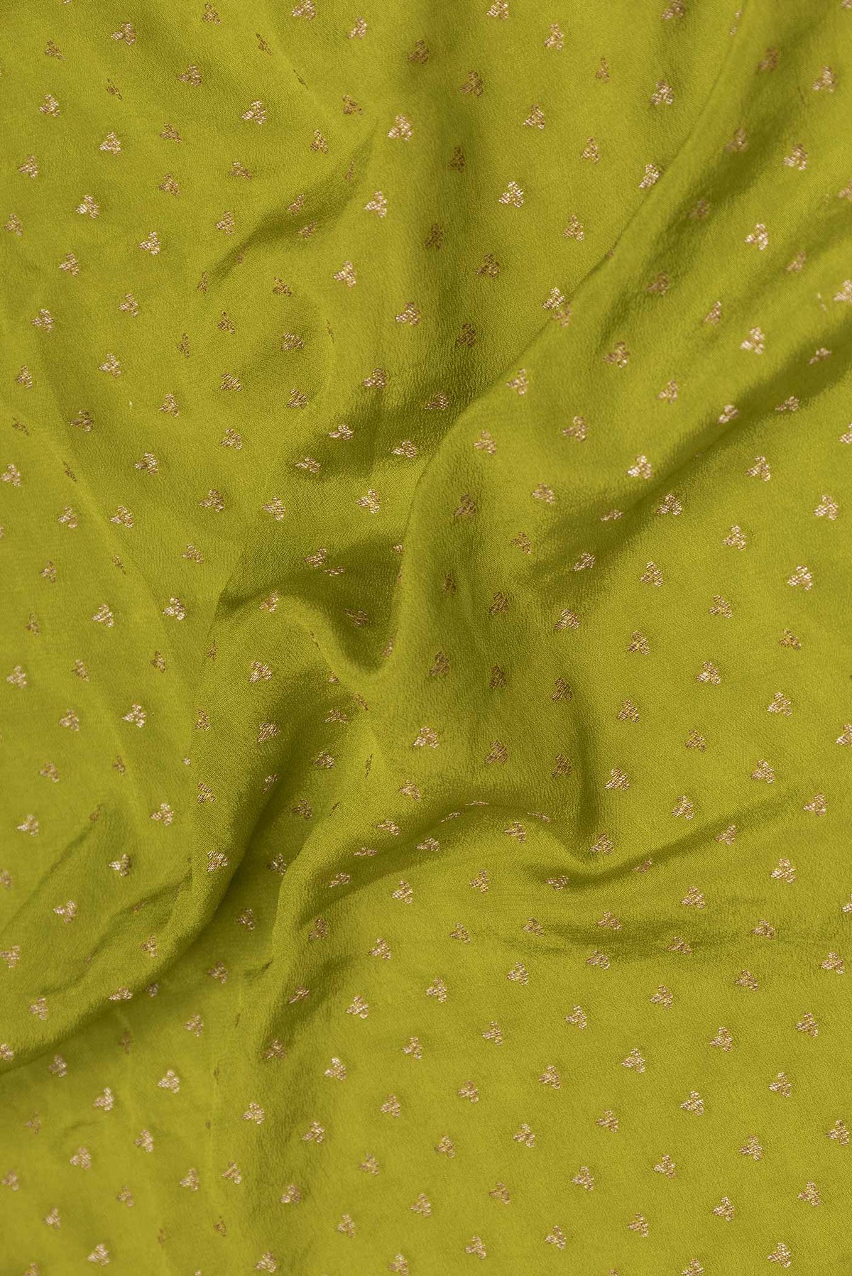 Close up of Parrot Green Dual Tone Banarasi Georgette Saree with Zari Brocade on the body and Zari Border displaying folds