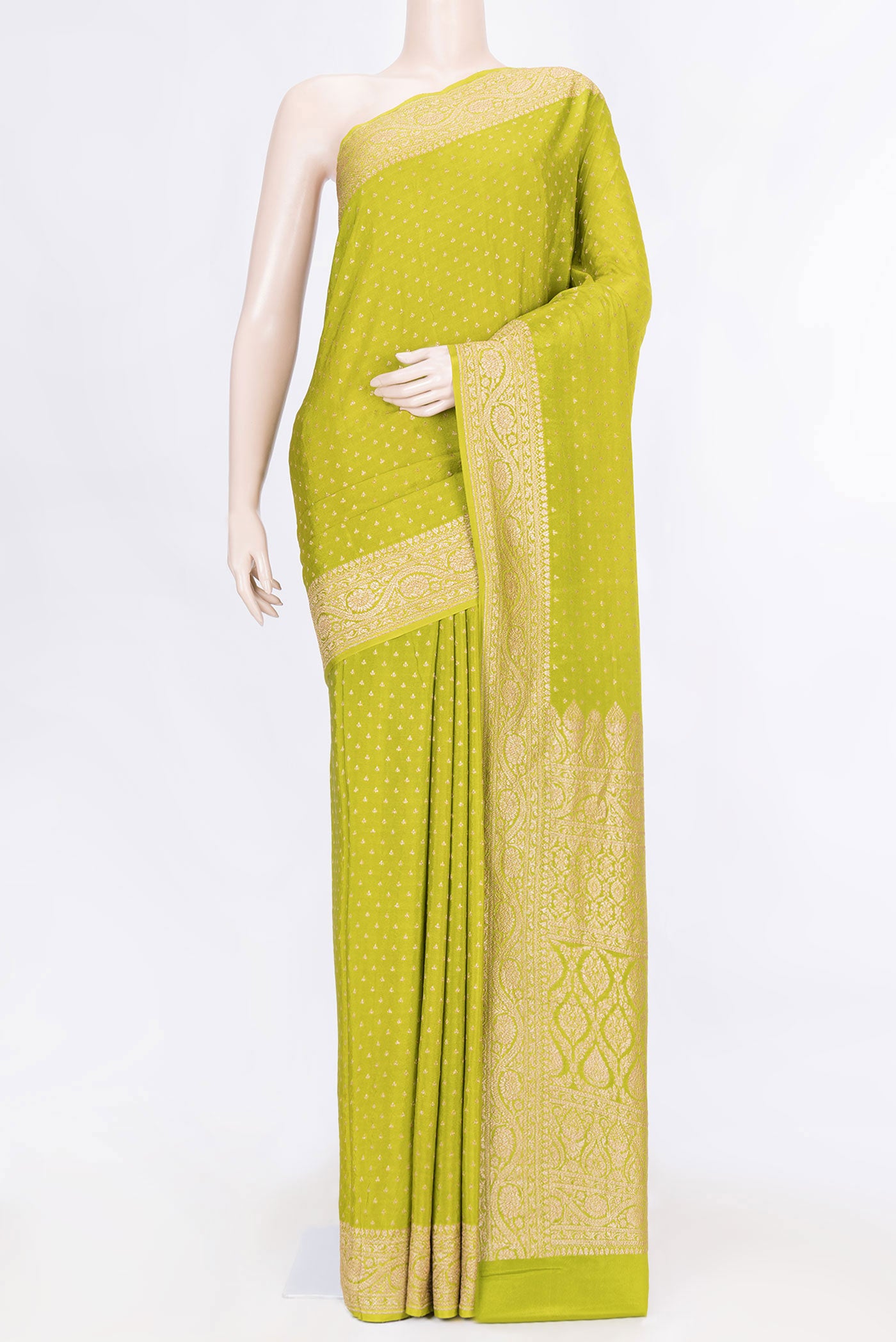 Parrot Green Dual Tone Banarasi Georgette Saree with Zari Brocade on the body and Zari Border displayed on a mannequin