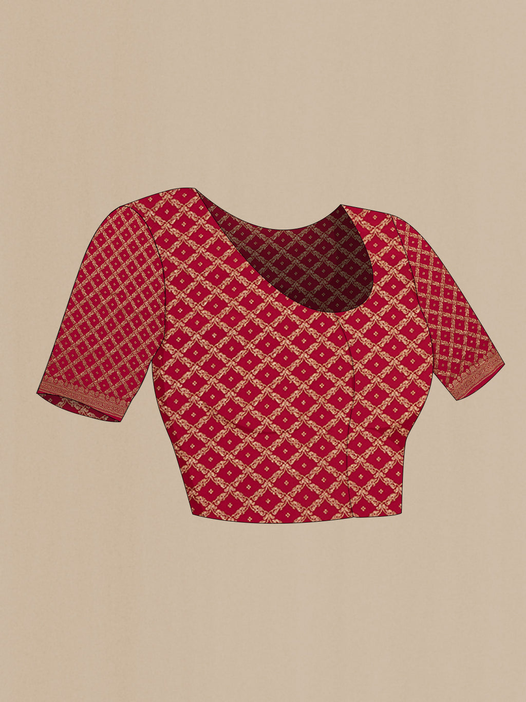 Close up image of the blouse of Red Banarasi Georgette Saree with Zari Brocade on the body and Zari Border. 