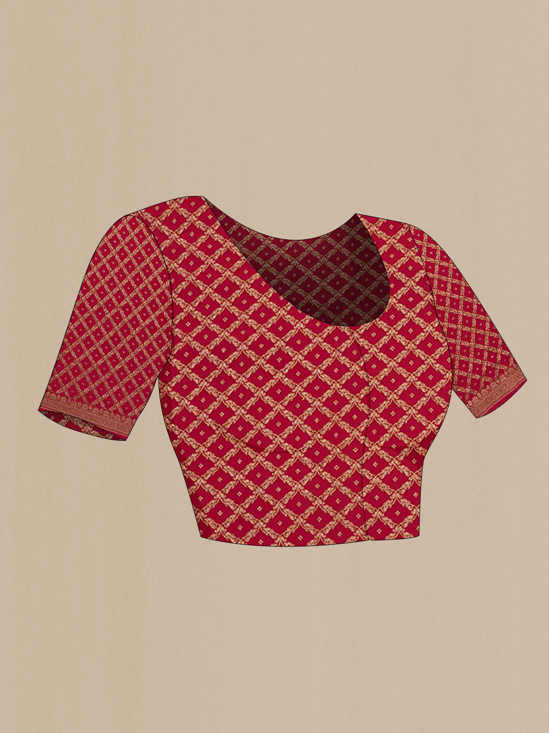 Close up image of the blouse of Red Banarasi Georgette Saree with Zari Brocade on the body and Zari Border. 