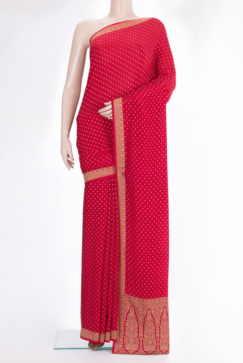 Red Banarasi Georgette Saree with Zari Brocade on the body and Zari Border.  displayed on a mannequin