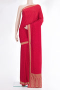 Red Banarasi Georgette Saree with Zari Brocade on the body and Zari Border.  displayed on a mannequin