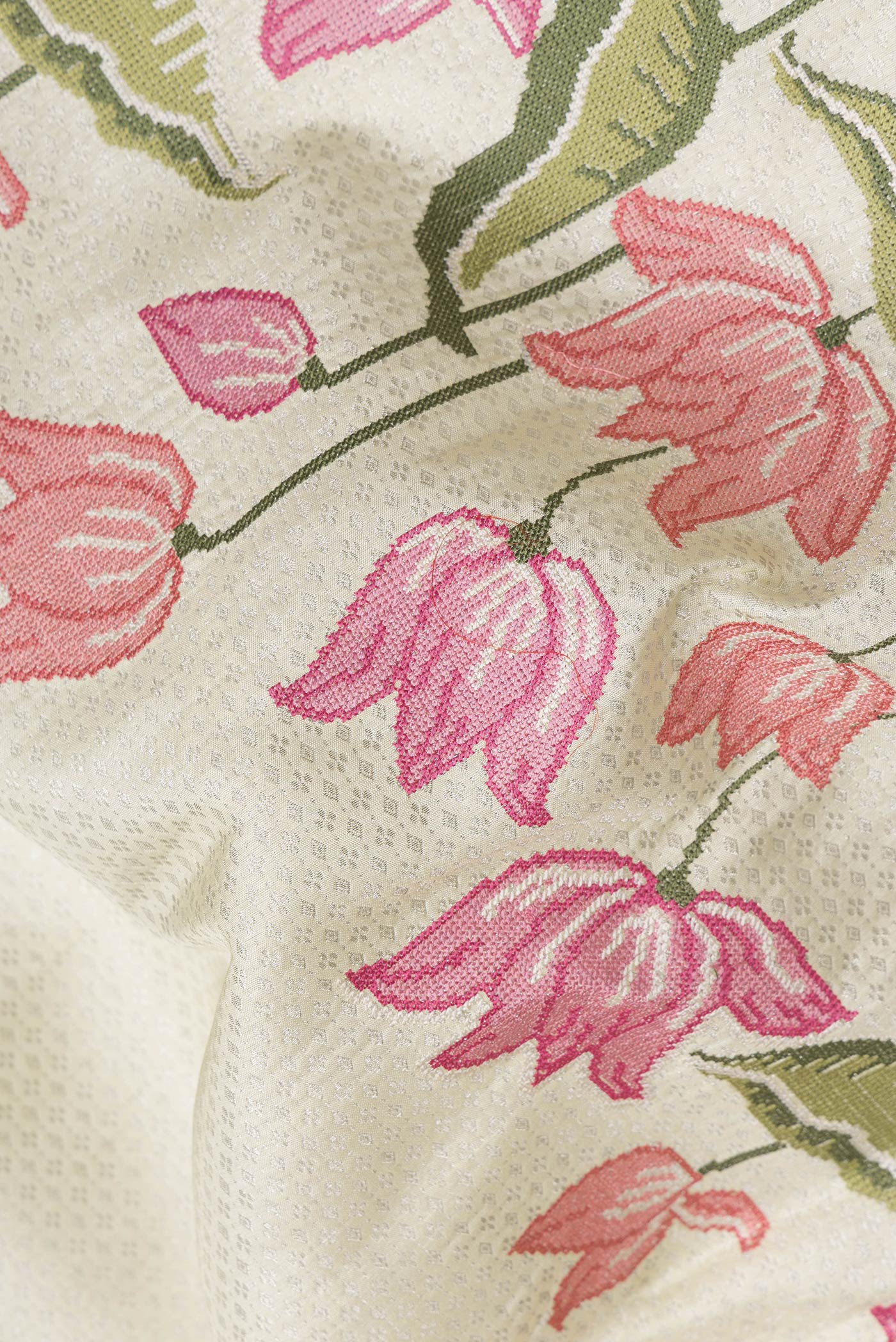 Close up of Sandal Dual Tone Banarasi Silk Saree with Zari Brocade on the body and Fancy Border.  displaying folds