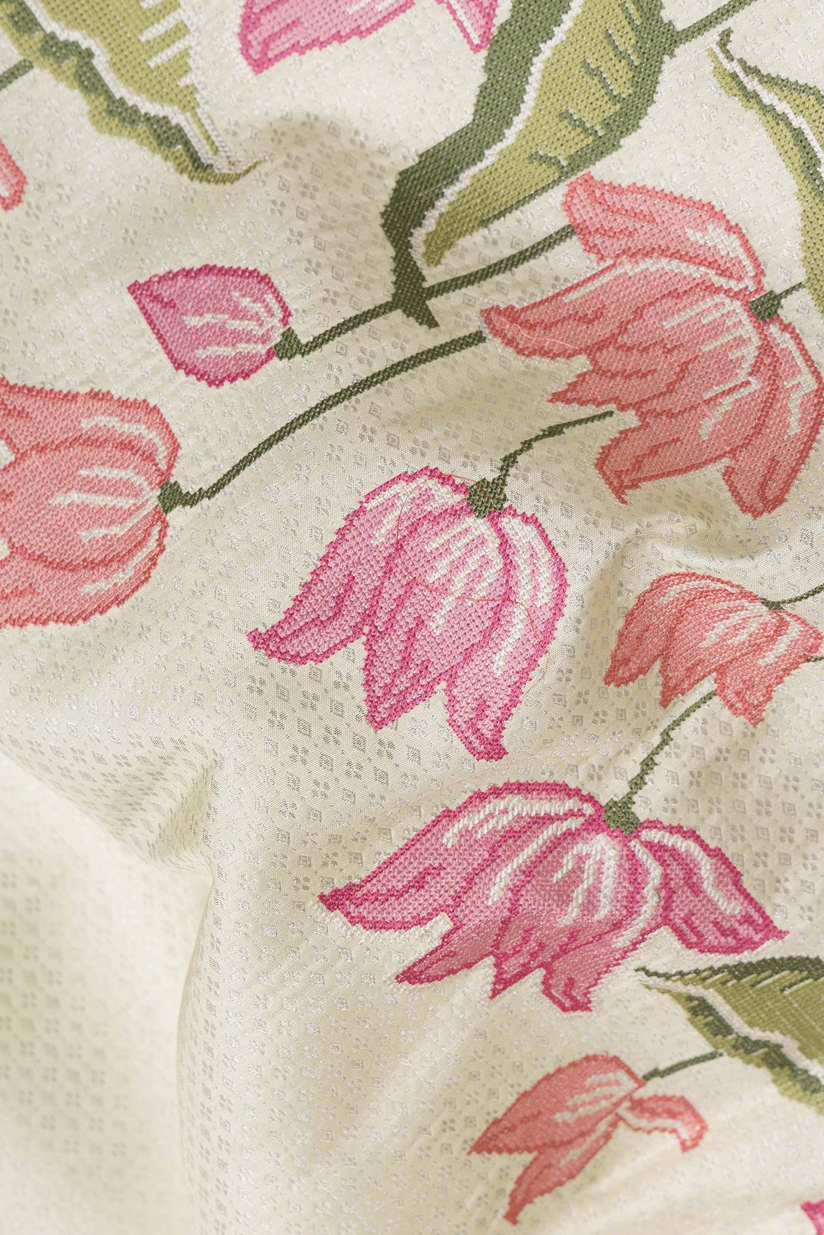 Close up of Sandal Dual Tone Banarasi Silk Saree with Zari Brocade on the body and Fancy Border.  displaying folds