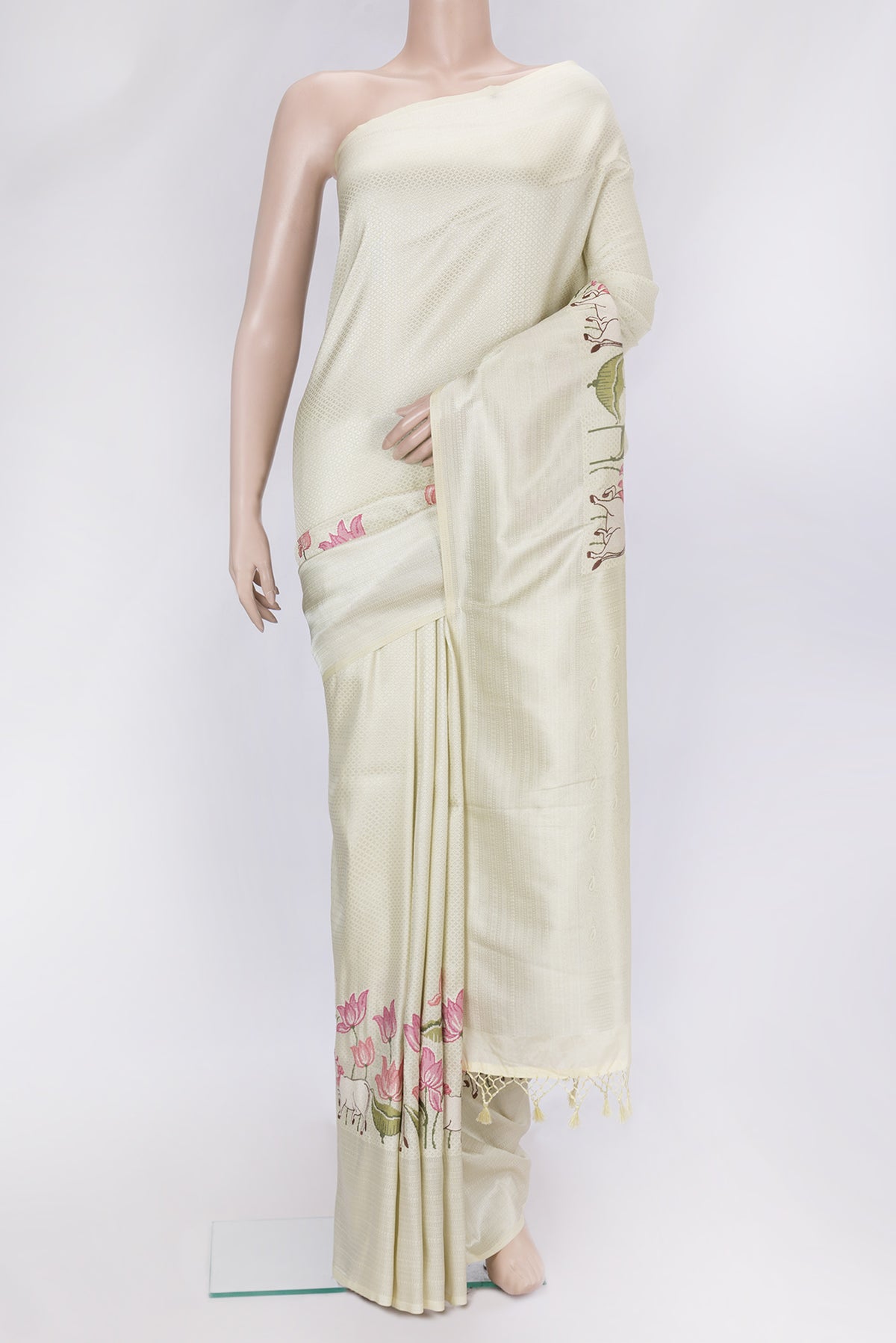 Sandal Dual Tone Banarasi Silk Saree with Zari Brocade on the body and Fancy Border.  displayed on a mannequin