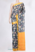Grey Mysore Silk Saree with Printed design on the body and Zari Border.  displayed on a mannequin
