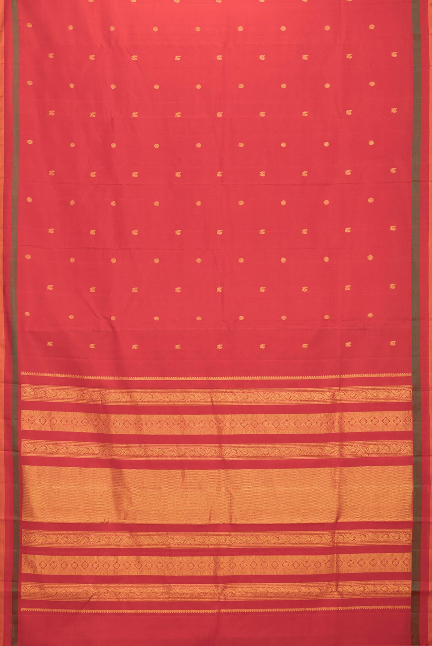 Flat view of Red Dual Tone Kanchipuram Saree with Zari Butta on the body and Plain Border. 